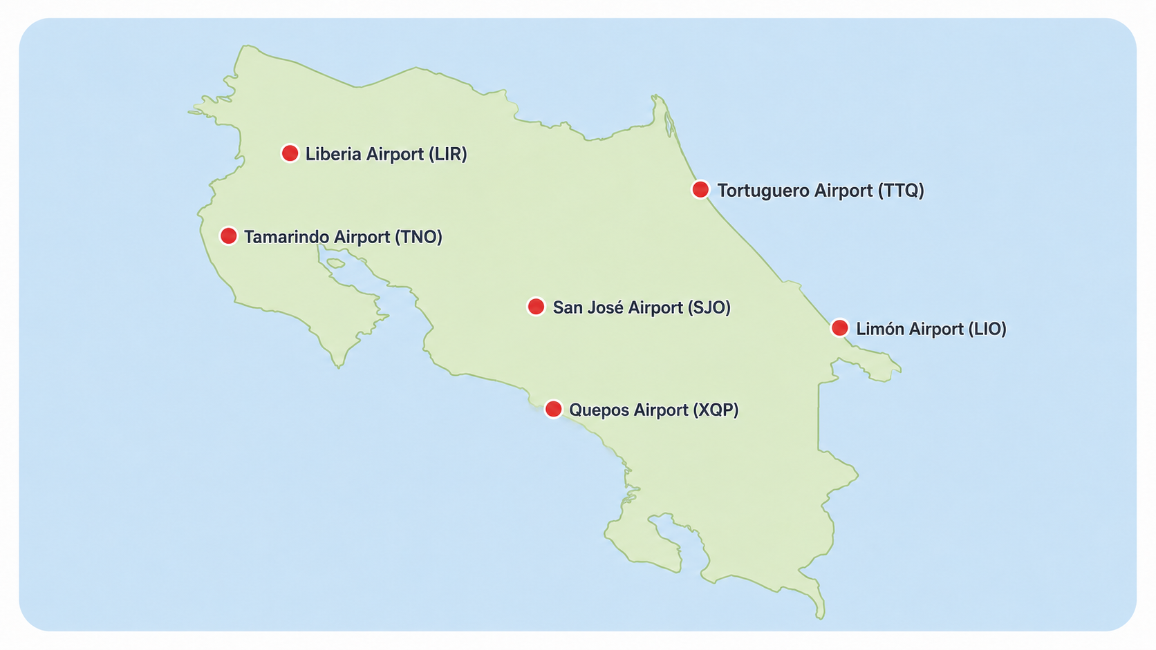 Map of major Costa Rica airports