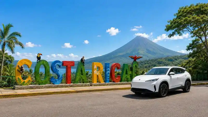 Colorful Costa Rica welcome-style letters with a white private transfer SUV in front of Arenal Volcano