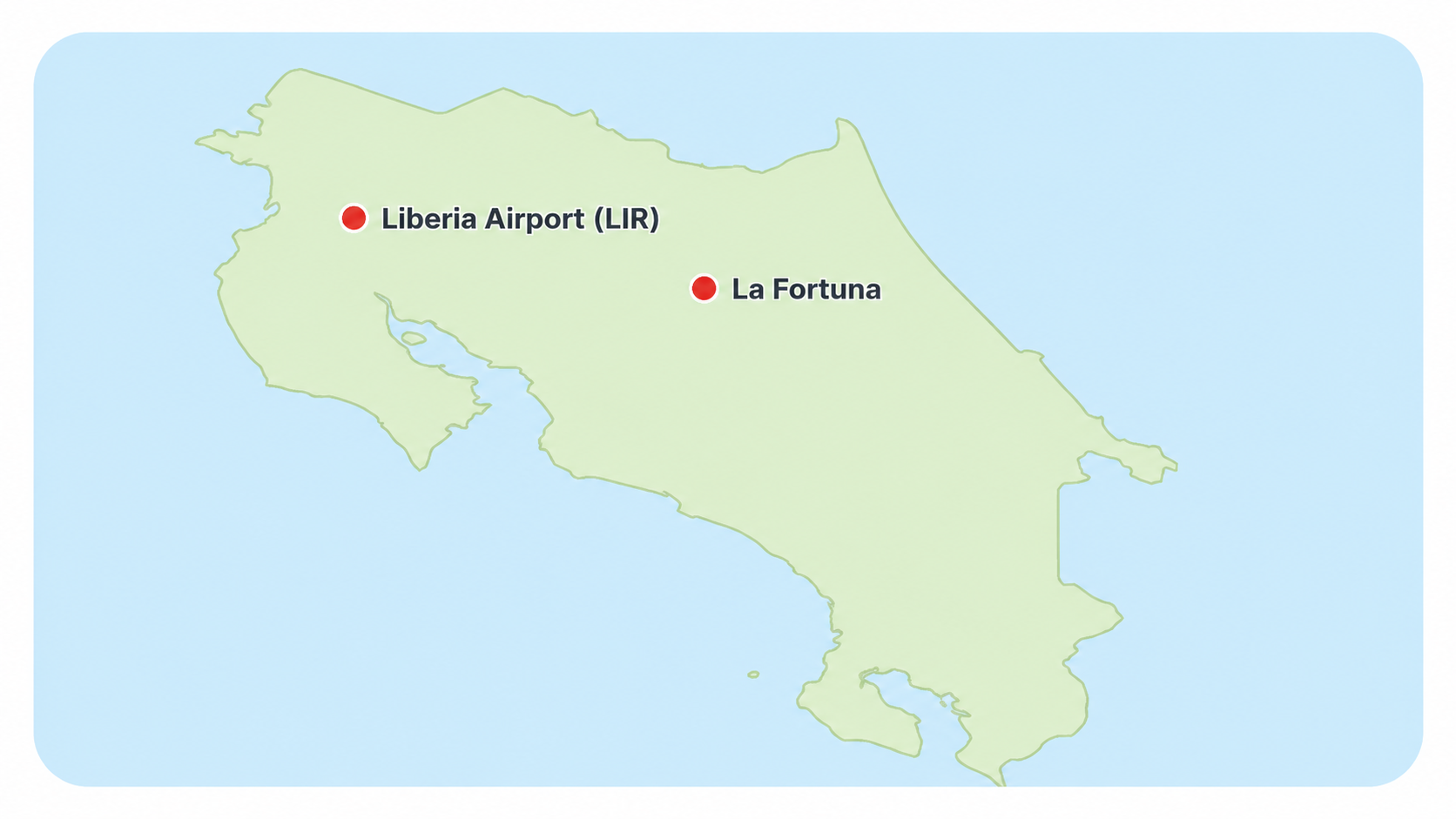 Map showing La Fortuna and Liberia Airport