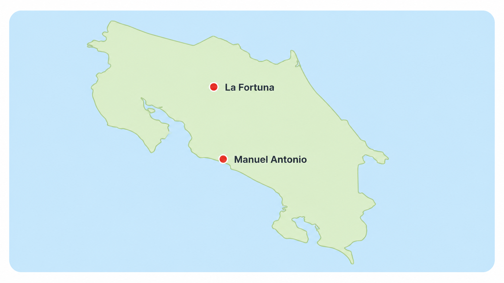 Map showing La Fortuna and Manuel Antonio