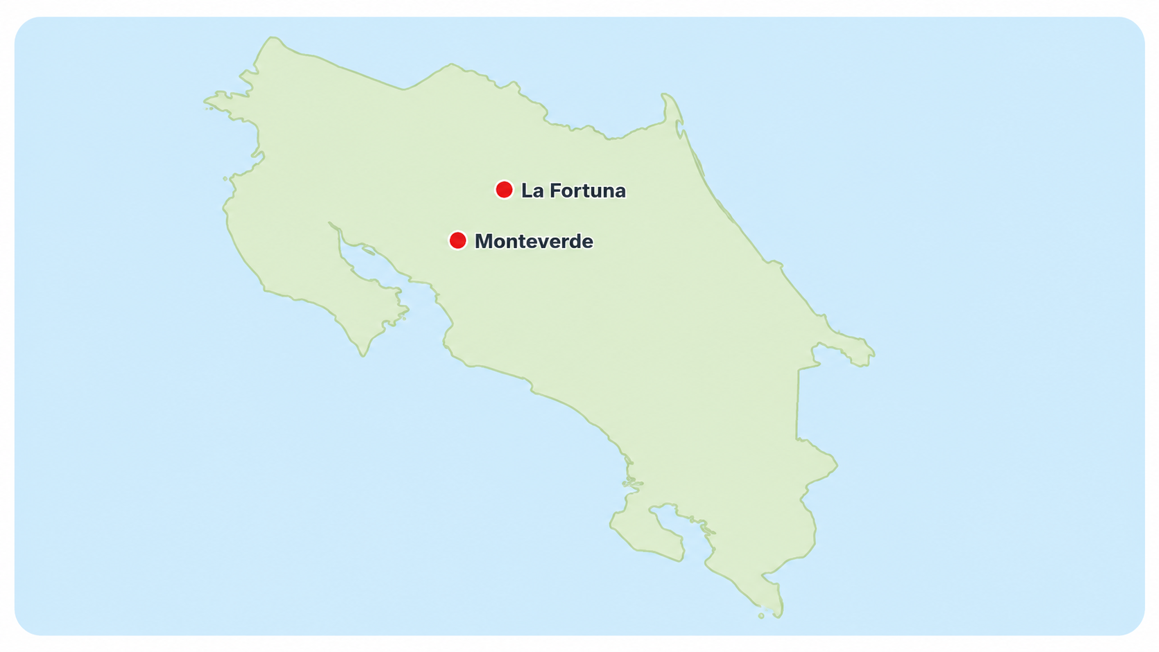 Map showing La Fortuna and Monteverde