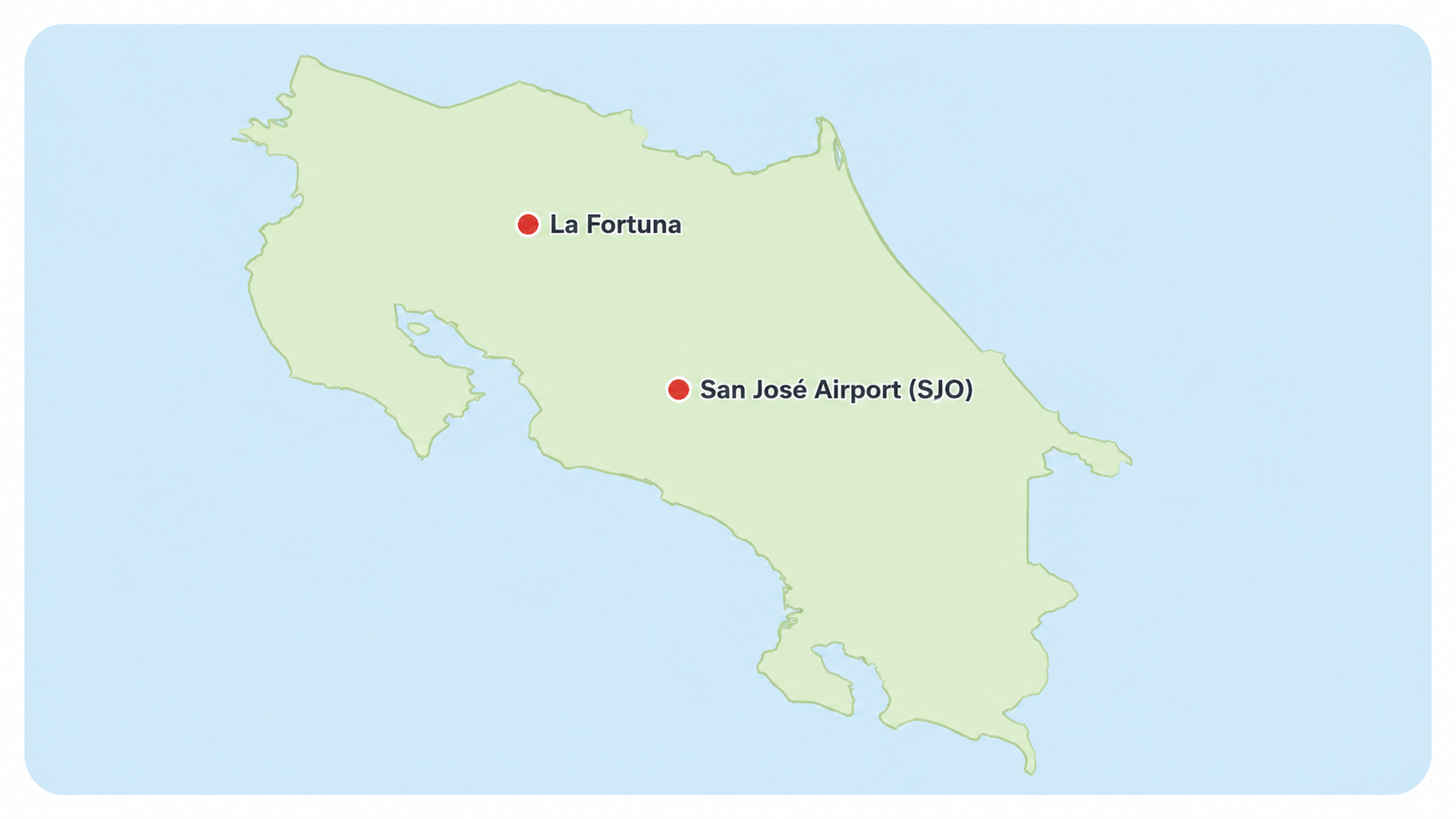 Map showing La Fortuna and San José Airport