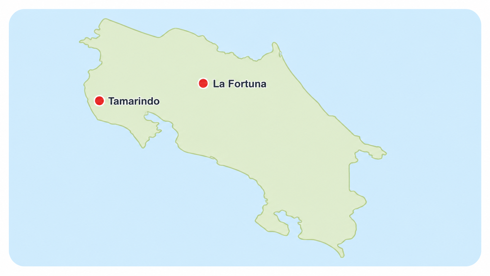 Map showing La Fortuna and Tamarindo