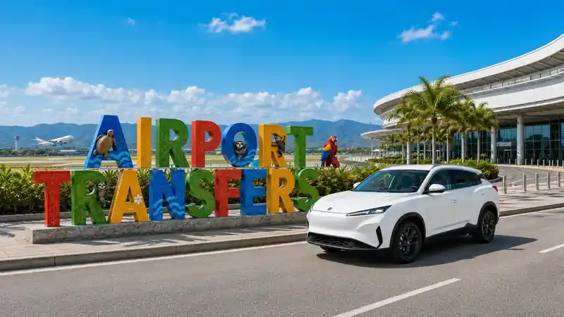 Colorful Airport Transfers sign with a white private transfer SUV at the airport terminal